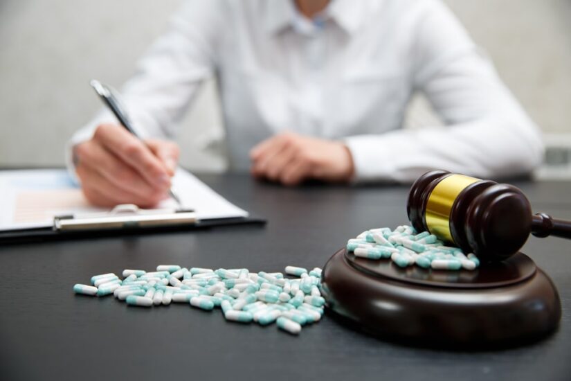 Lawyer Filling Out Paperwork With Pills On His Table