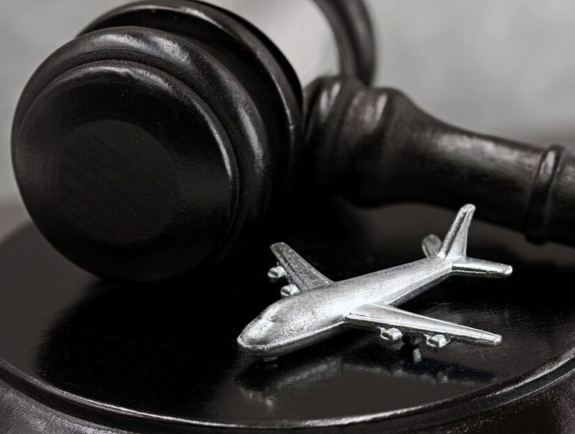 A Silver Airplane Model Standing Next To A Judges Hammer
